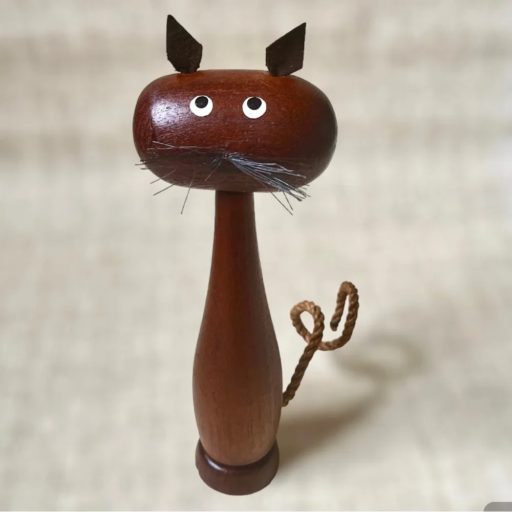 MCM Danish Cat Corkscrew Bottle Opener Mid Century Teak Walnut Denmark Barware